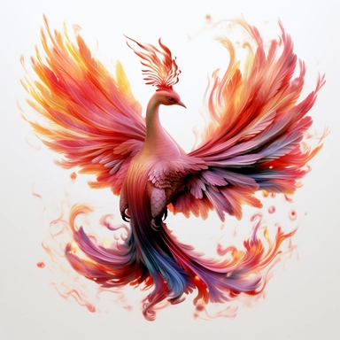 a fairy phoenix with, master of flames, dark red and light yellow, orange, clipart, on white background, ward winning closeup most beautiful , close-up, professional photoshoot, real life , fluid movement, iridescent, ivory and pink-blue , with chaotic background, award winning shot, body in motion. Lot accessories, intricate detailed, hyper realistic, hyper details, neo futuristic glam, rim lighting, dark light, moon night, global neon illumination, moonlight, moon beams, raking light, inner gl