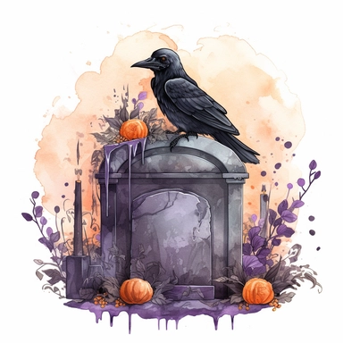 hand drawn grave with headstone, black raven sitting on headstone, dirt, leaves pumpkins and flowers, candles dripping wax down the headstone,Halloween, purple and orange shades,fantasy, glamorous, , clipart style, detailed and realistic, watercolor, white background with margins
