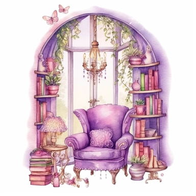 A fairytale style fairy reading corner with watercolor effect,suitable for digital clipart,fairy bookcase full of magical books,arched style magical window,reading lamp,white background,magical scene,fairy vibrant colors,pink,purple,lavender,soft details Clipart ,Cartoon,hyper realistic, intricate detail, illustration style,high solution,on the white background