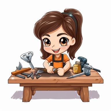 woman carpenter cute character clipart, building a table, white background, no caption