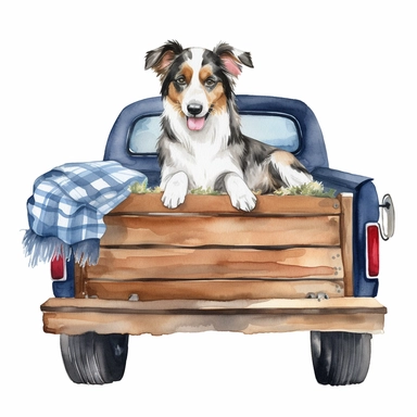 dog in the bed of a truck watercolor clipart single design, 8k