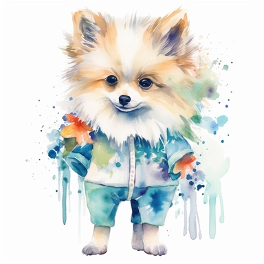 a cute clipart,unique outfit , different breed , full body , unique pose, unique outfit , white background , watercolors image, unique and vibrant , no other elements, clean shapes ,center and middle, cute