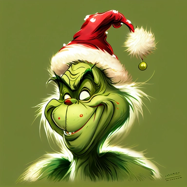 the grinch smiling at Christmas, clipart, cartoon, studio ghibli