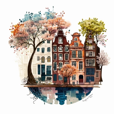 Very very cute and Whimsical quirky row houses, Amsterdam canal, bridges and water, town houses, tree blossom, colorful, Watercolored illustration in the style of Michael Powell, clipart, white background, multiple concept design