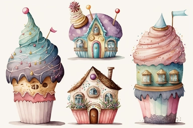 Very cute and Whimsical cupcake houses, colorful, Watercolored illustration, clipart, white background