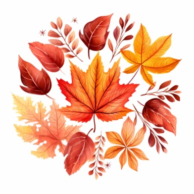 big autumn leave sorrounded with round autumn elements,clipart,isolated on a white background