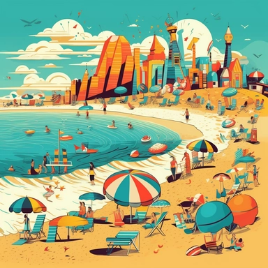 A vibrant clipart featuring a sandy beach with turquoise waves crashing against the shore, beach umbrellas, sun loungers, and people sunbathing. A beach ball, sandcastle, and bucket and spade set are also visible, signifying summer beach activities.
