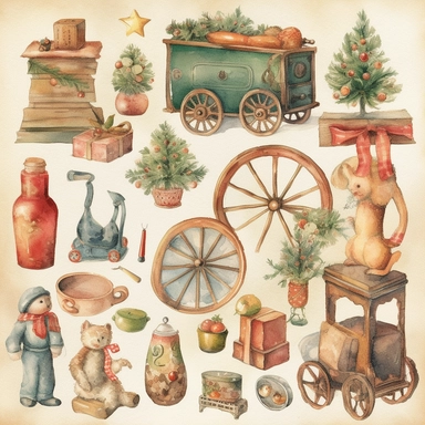 Design a collection of watercolor clipart images with a vintage Christmas feel. Include elements such as antique toys, old-fashioned ornaments, and traditional Christmas scenes. The images should have a warm, nostalgic quality with clear lines and delicate, muted hues. The clipart should be suitable for use in vintage-inspired scrapbook layouts and other similar projects