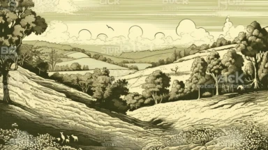 vintage clipart illustration, wide view of a sunny hilly meadow