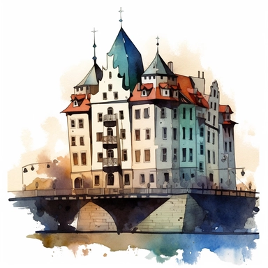 a Czech Republic Dancing House in the style of watercolour clipart with detailed brush strokes