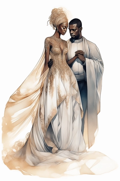 amazing detailed watercolor clipart of a beautiful black woman bride and groom, the woman with a beautifully detailed Heavenly draping baroque-inspired haute couture gown on a beautiful young woman stunning seraphim posing a classical fashion setting and a long veil, holding hands with a handsome groom, no caption, solid white background, cinematic light lighting, hyper-detailed, 8k, high resolution, symmetrical, body shot photograph, insanely detailed and intricate, beautiful, elegant, glamour,