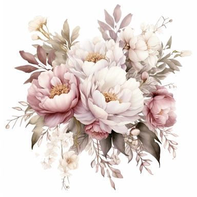 dusty pink and white flowers, peonies, austin roses, big blooms, with muted green whispy foliage with gold flicks, elegant and beautiful floral clipart for wedding invitations, delicate, watercolor, oil painting, defined edge on white background