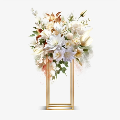 watercolour beautiful realistic white real floral wedding flower spray on gold rectangle tall frame stand realistic elegant wedding floral display stand with white glitter wedding flowers ,clip art graphics , PNG image,transparent background ,ultra highly detailed, 18k, sharp focus, bright photo with vibrant colours, digitally enhanced,photographic, enhanced graphics, png format, straight, sharp focus, bright lighting, intricate detailed png image ,high definition,300dpi,graphic clipart,computer