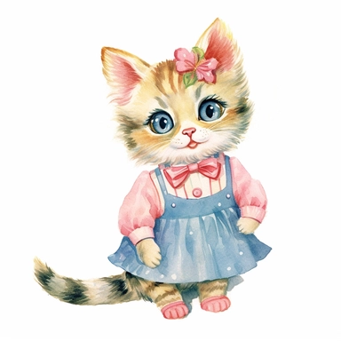 50s vintage kitsch cat illustration clipart, watercolor, Hand drawn painting, isolated on white background, watercolor illustration by katie daisy, highly detailed, white background for removing background - - no text shadow font watermark