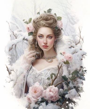 isolated on white illustration watercolor art of a portrait of beautiful feminine princess, overgrown with white and light pink roses and flowers, covered with snow and ice, a lot of moss and branches, lace and embroidery, trees, fur cape, masterpiece by Tom Bagshaw style and by Hans Zatzka style and by James C. Christensen style and by Alexander Jansson style, Baroque fashion, PNG clipart, isolated on white, white background, extreme photorealistic details, 32k HD resolution, realistic high det