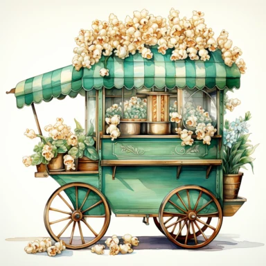 A realistic high detailed watercolor wedding popcorn machine, pastel colors, in the style of digital print, clipart, illustration, sticker, ultra high definition, rich details, 32K, HD