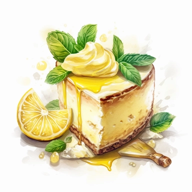 photo-realistic lemon cheesecake decorated with whipped cream, lemon custard, lemon wedges and mint leaves vintage, very detailed, hipster style cafe, white background, still life photography, food photography, dessert photography, dreamy, clipart, watercolor illustration style 8k, png