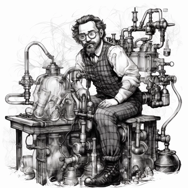 A steampunk laboratory filled with bubbling test tubes, sparking machinery, and a scientist in a lab coat ,Steampunk, black and white color obly, black ink, transparent background png, clipart no captions