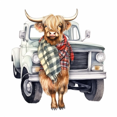 hand drawn highland cow wearing clothes and driving a vintage farm truck, very detailed and realistic, watercolor, white background with margins, clipart style