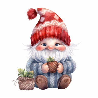 A Cute Christmas gnome, full color, knitted painting texture, Perfect for nursery art and children's book illustration style, simple, cute, full color, clipart, watercolor illustration, single object, high definition 8k, white background for removing background