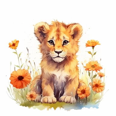 Clipart of baby Lion, a lion cub sitting in a field of flowers, watercolor painting, white background, featured on pixiv, computer art, madhey of flowers, watercolor, digital illustration, detailed painting, realistic