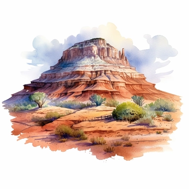 Hyperrealistic watercolor mesa and butte clipart in desert with some small shrubs in sight