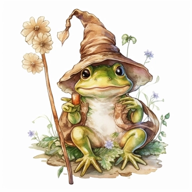 a Cute Frog dressing as wizard clipart, vintage illustration, vintage print poster, Woods Forest Animals Frog PNG Frog Daisy Flowers Water Lilies Sublimation watercolor print, white background, watercolor paint, procreate watercolor drawing, Watercolor Sublimation design, realistic cartoon, realistic water based colors, clipart, transparent white background