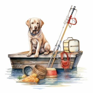 Labrador Retriever sitting obediently beside a fishing dock, with a fishing rod and a basket of fresh catch, white background, watercolor clipart.