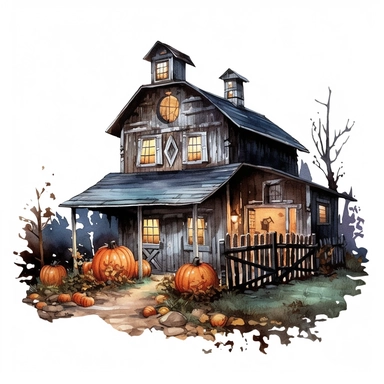 very detailed watercolor haunted halloween barn at night, country side, trees, ball of hey, svg graphics, in the style of realistic landscapes, j.c. leyendecker, monumental murals, colorized, white background, clipart, vintage cut-and-paste