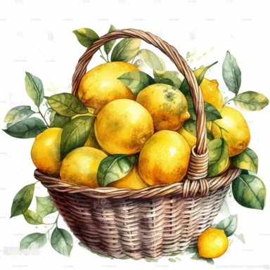 png clipart on a white background of a mesmerizing watercolor clear-lined illustration. The composition is central with a clear outline using bold and saturated complementary colors in the style of 2d anime, the illustration is realistic and detailed depicting a bunch of lemons in a basket