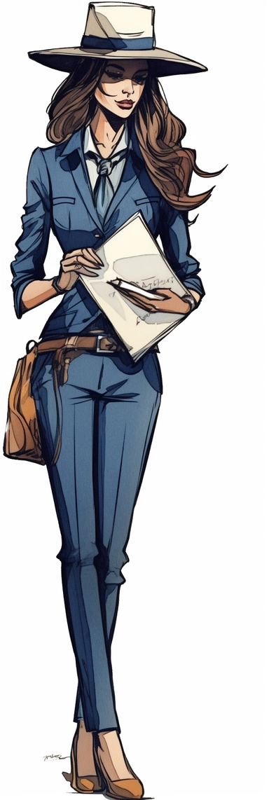 boss lady with formal clothing and baseball hat reading book watercolor clipart black lines white background