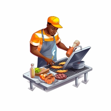 a 3D unrealistic image of a black man cooking on an outdoor grill dressed in summer clothes clipart, graphic vector, isolated on white background
