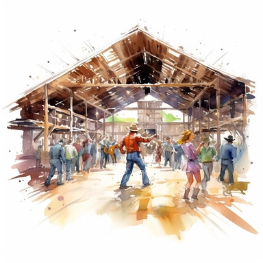 A traditional barn dance, with people in cowboy boots and hats, twirling and dancing to lively country tunes, american style, clipart, watercolor, realistic