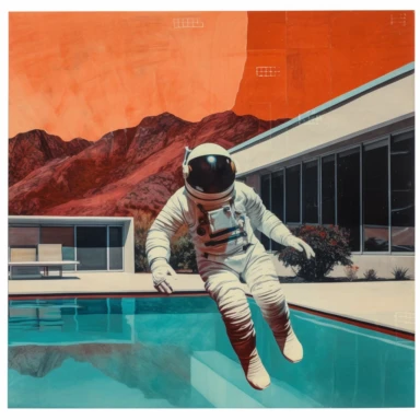 a painting of an astronaut jumping into a swimming pool, a pop art painting, inspired by Hannah Höch, featured on tumblr, landscape with red mountains, clipart, inherent vice, artsation contest winner, connectedness, man with a gun, hyperreal phantastic, zine, featured in artistation, mix ,8K,