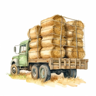 realistic watercolor drawing of bales of hay on a rustic truck on a farm, on a white background where the background will be removed to repurpose as a clipart.