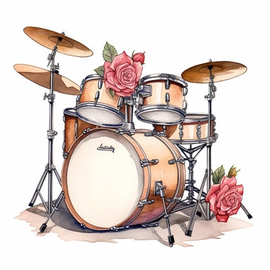 watercolor painting of a drum set with roses on white background, clipart, illustration, ultra detailed art, watercolour illustration style, comical, illustration, detailed,png, 8k