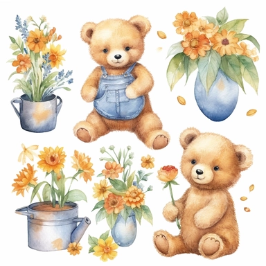 Watercolor bear clipart bundle, cute baby bear, garden and flowers illustrations, baby toys