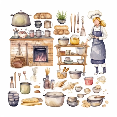 create a hand drawn watercolor clipart depicting cozy kitchen scenes with bakers, mixing bowls, rolling pins, and other baking elements, white background, 4k