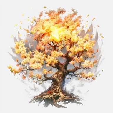 cherry blossom banana oak tree, oak white fire flame, light, golden sun, mighty flowers, pristine, sparkling, white flame, fire light mega epic flowers of epicness, cool and spiky, owning everything, floral art, no background, beautiful, no text, clipart, watercolor