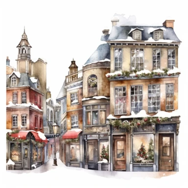 beautiful old town Christmas Clipart , style by Lucy Fleming, watercolor, smooth gradients, black contour outline, ultra detailed, clipart elements, delicate pastel colors, solid white background, super clear, high quality