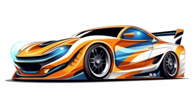 Contemporary vector clipart featuring a stylized drift car, represented by bold lines and abstract shapes, highlighting the car's distinctive design and speed, suitable for use in logos, icons, or racing-related infographics, on a clean white background
