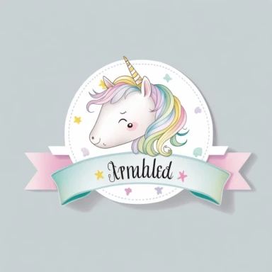 personalised name plate ribbon for text, a large unicorn chibi face, birthday invite, pastel clipart, Watercolour, pure white background