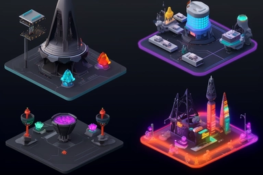 isometric game sprite, clipart, futuristic launch pad concept, gaming asset, sci-fi, fun, creative, cartoon render, hyper-detailed, bright colors, black background, inspired by one random famous product designer, inspired by one random famous sci-fi movie, inspired by one famous architect, inspired by one random famous artist, inspired by one famous architect