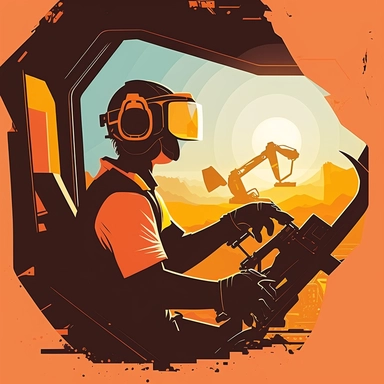 excavator cockpit, worker wearing vr headset, virtual reality hmd, poster, simplistic, abstract, vector, 2d illustration, clipart, few colors