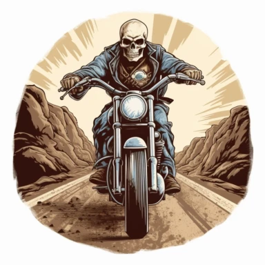 skull head motorcyclist on his harley riding down a steep mountain road clipart