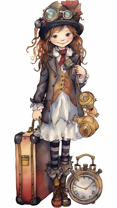 watercolor steampunk girl entire body and steampunk boy entire body with a steampunk suitcase by her side and holding a cute steampunk doll in her arms, illustration clipart by holly hobbie and mary engelbreit