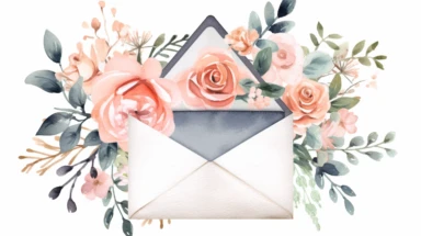 Maggie Holmes style, open envelope with flowers, clipart, white background