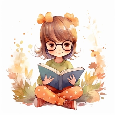 cute little girl reading a book, folk art, watercolor, clipart elements, kawaii, fall and autumn time, white background