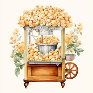 A realistic high detailed watercolor wedding popcorn machine, pastel colors, in the style of digital print, clipart, illustration, sticker, ultra high definition, rich details, 32K, HD
