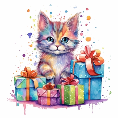 please create watercolor clipart of a cat, smiling, wearing party clothes with birthday presents, vibrant colors,intricate details, isolated on white background, vivid colors, hdr, 8k